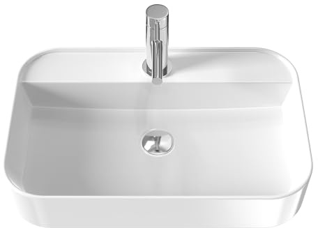 EMKE Waschbecken weiß 600 x 400 x 110 mm, Aufsatzwaschbecken Bad, Hängewaschbecken Wandmontage, Eckiges Keramikwaschbecken, Waschtisch Waschschale für modern Badezimmer und Gäste-WC