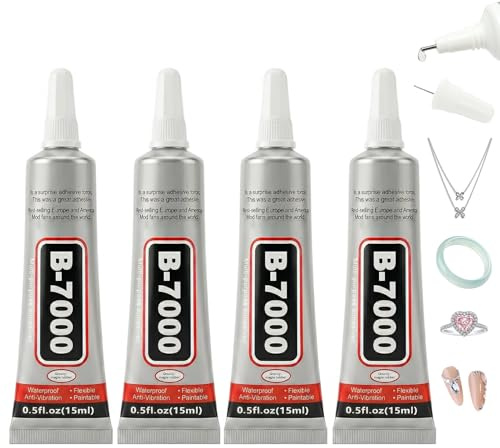 B7000 Super Glue 15ML 4PCS, Clear Craft Fabric Glues for Jewelry Making, Multi-Function Rhinestone Glue with Precision Tip for Clothes, Glass, Wood, Metal, Leather, Cell Phone Repair