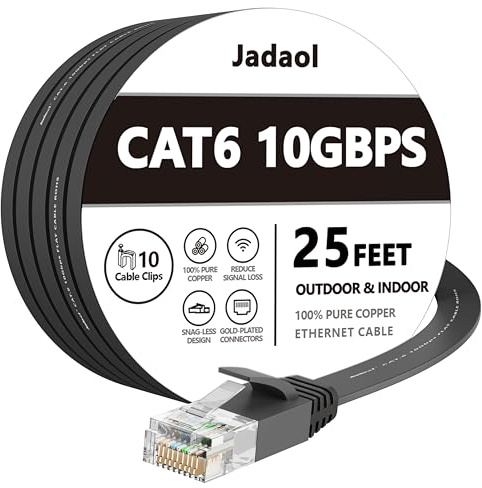 Jadaol Cat 6 Ethernet Cable 25 ft Black - Flat Ethernet Patch Cable Short- Internet Cable with Snagless Rj45 Connectors - 25 feet Black (7.6 Meters)