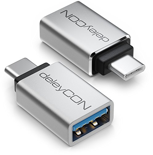 deleyCON Adattatore USB-C a USB 3.0 (2 Pezzi) - Adattatore OTG 5 Gbit/s Thunderbolt 3/4 per iPhone 17 16 15, Galaxy S25/S24/S23, MacBook, iPad, iMac, Surface, Notebook, PC, Laptop, Tavoletta, Argento