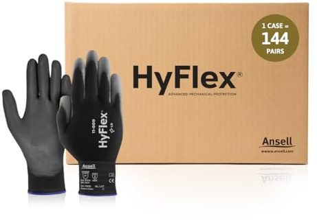 Ansell HyFlex 11-600 Dünne Arbeitshandschuhe, Nylon-Strickhandschuhe mit PU Beschichtung, Leichte Schutzhandschuhe, Präzises Arbeiten und Heimwerken, Mechanikschutz, Weiß, Größe XL (12 Paar)