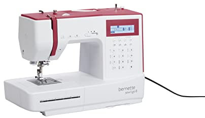 bernette sew&go 8 Computer-Nähmaschine – computergesteuerte Anfänger-Nähmaschine, einfache Bedienung, 197 Stiche, LCD-Display, Speicherfunktion, Start/Stopp-Funktion und 7 Nähfüße, weiß-rot