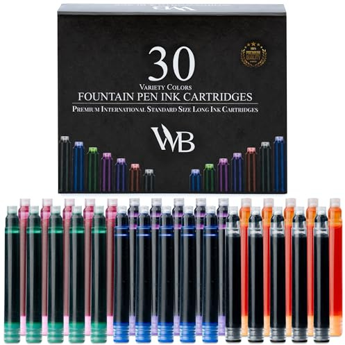 Wordsworth & Black - Cartucce d'inchiostro per penna stilografica - VARIETÀ DI COLORI - Dimensioni standard internazionali - Lunghezza 5,2 cm- Diametro base 0,6 cm - Usa e getta, Confezione da 30
