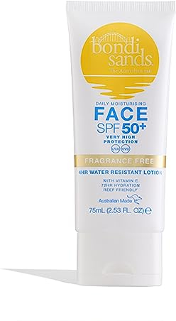 Bondi Sands Fragrance Free Face Sunscreen Lotion SPF 50+ | Gentle Formula Moisturises + Provides Broad-Spectrum Protection, Enriched with Aloe Vera and Vitamin E, Cruelty Free | 75 mL/2.53 Oz