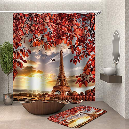 Chickwin Chickw1 Duschvorhang Wasserdicht Anti-Schimmel 3D Paris Eiffelturm Romantisch Drucken Polyester Bad Vorhang mit 12 Duschvorhangringe für Badezimmer Decor (Rot,180x200cm)