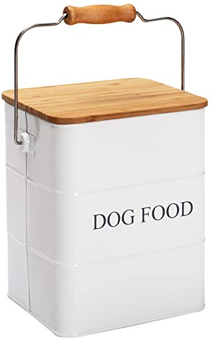 Brabtod Dog Food storage container Dog Treats Jar,5~6 lb Metal food treats tin for Dog, pet snacks Canisters with wooden lid/handle/sevice scoop-White