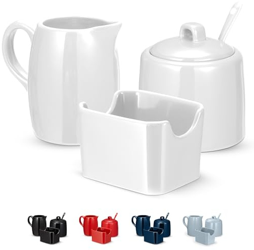 KooK Set di 3 zuccheriere e lattiera, brocca, zuccheriera con coperchio e cucchiaio, porta dolcificante (bianco)