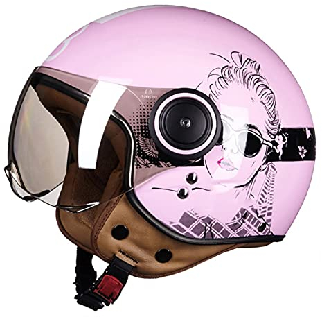 Jethelm Motorrad Roller Offenes Jet Helm Scooter Moped Mofa Helm Mit Sonnenblende Für Damen Herren Erwachsene Retro Vintage Pilot Biker Helmet DOT/ECE Genehmigt,Rosa,M