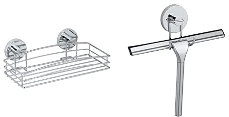 WENKO Vacuum-Loc® Wandablage, Duschablage im offenen Drahtkorb-Design aus verchromtem Metall für Bad und Gäste-WC,26 x 5,5 x 15,5 cm & Vacuum-Loc® Duschabzieher ohne Bohren, 25 x 16 x 2 cm