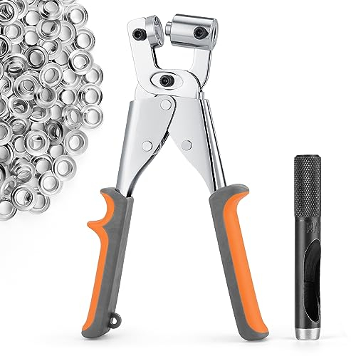 Ecraft Eyelet Plier Grommet Tool Kit: 3/8 Inch (10mm) Grommet with 500pcs Silver Grommets Press Handheld Puncher Plier Kits Eyelet Hole Punch Pliers Set Banner Maker Machine for Fabric Paper