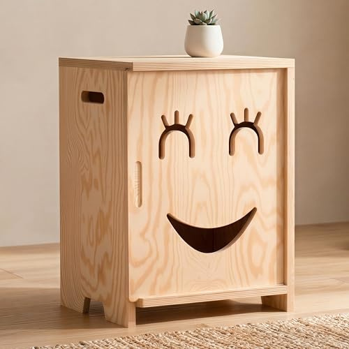 smartwood Nachttisch Kinderzimmer, FSC-Kiefernholz, 46x33x30 cm, KAPI 3L | 3 Lächeln Wählbar, Montessori-Prinzip, Schiebetür links, Keine Scharniere, Stauraum, abgerundete Kanten, Einfache Montage