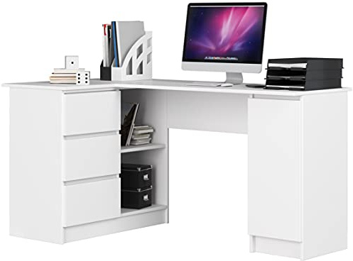 3xEliving Desk Lynna B20 Links Weisw Großer Eckschreibtisch mit DREI Schubladen und Schrank, Linke Seite, Maße: Höhe: 77 cm, Breite: 155/89 cm, Tiefe: 45/48,5 cm