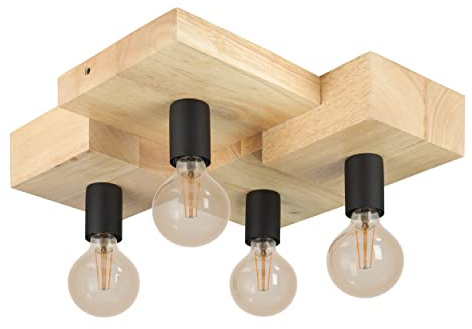 EGLO Deckenleuchte Halkin, Deckenlampe 4-flammig | natürliche Deckenbeleuchtung, FSC100HB, Holz in Natur und Metall in Schwarz, Wohnzimmerlampe mit E27 Fassung