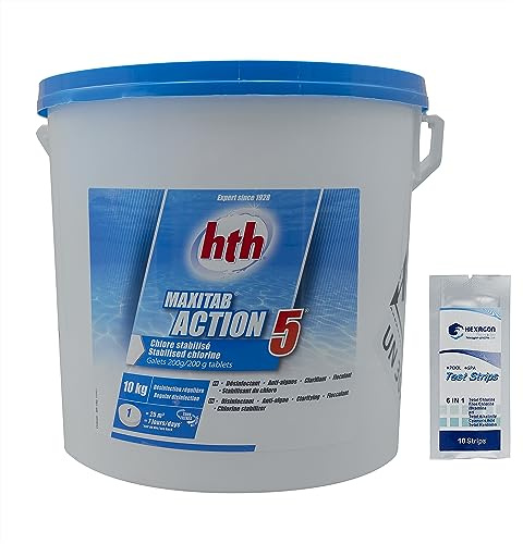 HTH MAXITAB Action 5 Galet 200g - 10kg | Chlore Lent Stabilisé Multiaction - Désinfection Régulière Multifonction - Dissolution Lente + 10 Tests HPS OFFERTS 6 en 1