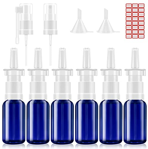 FZENeast Nasal Spray Bottle, 6 Pcs 30ML/1oz Glass Refillable Continuous Fine Mister Spray Bottles, Small Empty Nasal Sprayer with Different Sprayers, Funnels, Travel Clips and Labels(Blue)