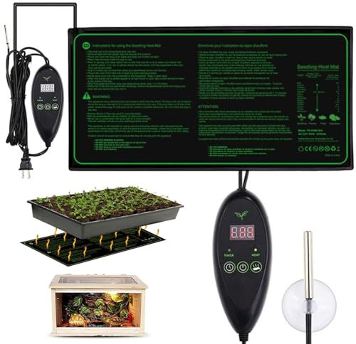 Tappetino Riscaldante Impermeabile per Piantine E Controller Termostato, Tappeto Termico per Serra Germinazione Anfibi Rettili con LED E Sonda Regolabile, 6 Temperature E 6 Set di Timer,10x20