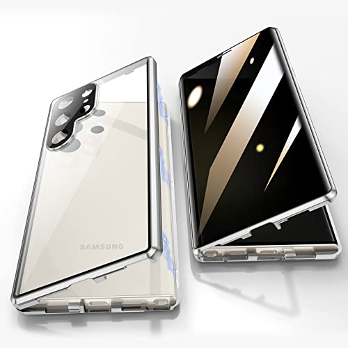 Jonwelsy Anti Peeping Hülle für Samsung Galaxy S23 Ultra, 360 Grad Schutz Case, Privatsphäre Gehärtetes Glas Anti-Spähen Cover, Stark Magnetische Adsorption Metallrahmen Handyhülle (Silber)