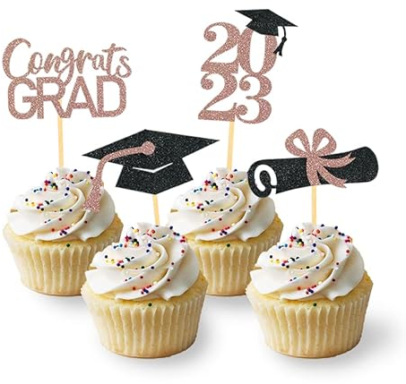 24 Stück Glitzer 2026 Graduation Cupcake Toppers, Abschlussfeier Cupcake toppers, Bachelor Hut Deko, Abschluss Deko für Graduation Abschlussparty Dekoration (schwarz & rosegold)