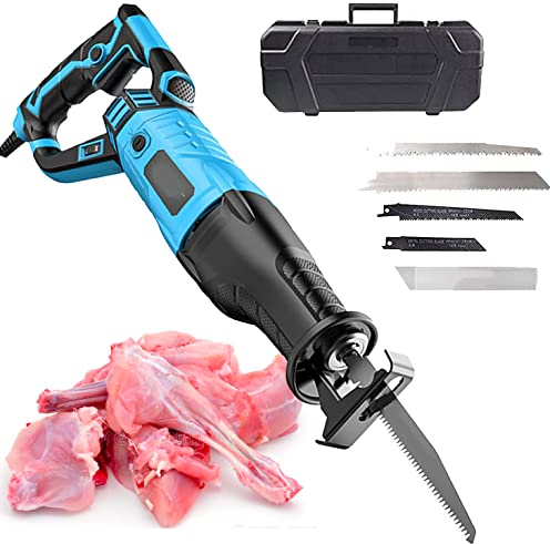 GBHJJ Sierra Huesos Eléctrica para Carnicero, Sierra Sable 1050W con Cable, Manija Giratoria (Izquierda y Derecha 90º), Cambio de Hoja de Sierra Sin Herramientas, 4 Hojas de Sierra,Blue-900W