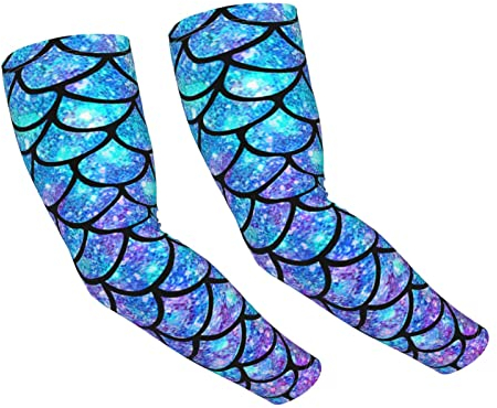 Armstulpen mit Fischschuppen-Motiv, Ombre-Meerjungfrau, Blaugrün, Lila, für Männer und Frauen, UV-Schutz, kühlend, Unisex-Armstulpen, 1 Paar mit Daumenloch für Sport, Outdoor, Laufen, Radfahren, Gol