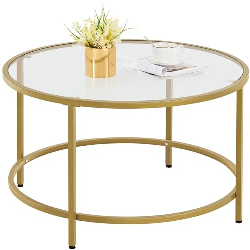 Yaheetech Round Coffee Table Tempered Glass Metal Structure Mustard Gold