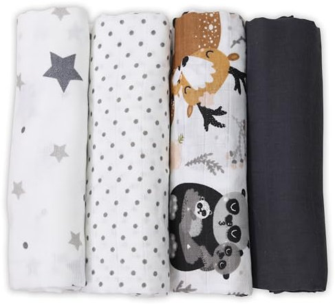 FENSILO Toallitas de muselina para bebé, 60 x 75 cm, 4 unidades, muselina, fabricadas en la UE, paños para niños y niñas, paños de muselina, paños para bebés, animales blancos y negros