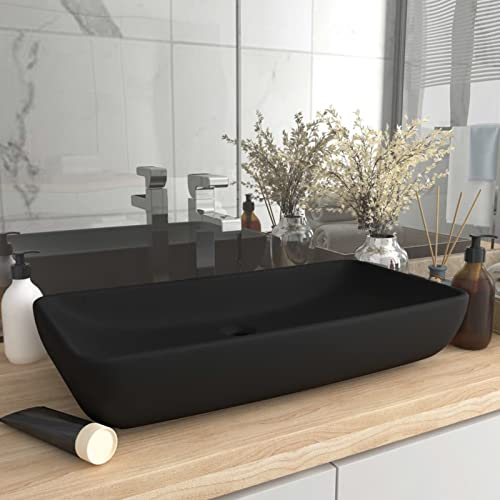 LAPOOH Luxus-Waschbecken, Aufsatzwaschbecken, Waschtisch, Aufsatzwaschtisch, Wash Basin, Badmöbel, Bathroom Sink, Rechteckig Matt Schwarz 71x38 cm Keramik