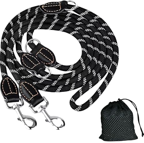 TAVADA Hundeleine Große Hunde, Hundeleine 3m Verstellbar, Nylon Doppelleine mit 2 Karabiner, Hundeleine für große und mittelgroße Hunde, Schwarz