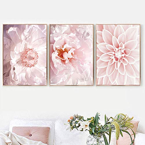 Wanddeko ​Schlafzimmer Wand Bilder LeinWandbild mit rosa Dahlie blühender Rose Pfingstrose Naturpflanze nordische Poster und Kunstdruckee Bilder für Zuhause und Schlafzimmer 60x80cm x3 Ohne Rahmen