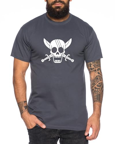 Logo Shanks - Herren T-Shirt Straw Hat Luffy Zoro One Monkey D. Pirat Ace Piece Goku Anime Ruffy, Größe:S, Farbe:Dunkelgrau