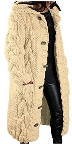 Strickjacke Damen Lang Grobstrick Jacke Oversize Longstrickjacke Mit KnöPfen Und Kapuze, GroßE GrößEn Strickmantel Langarm Vintgae Strickcardigan-Trachtenjacke Mit Kapuze Cardigan