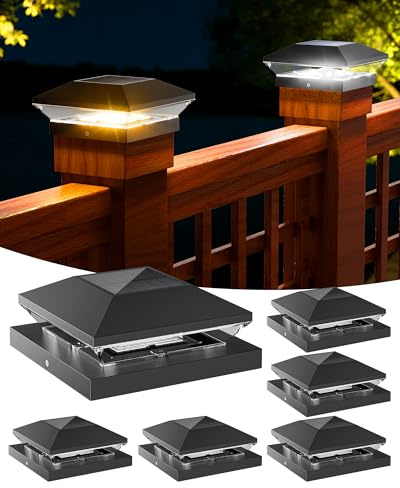 T-SUN Solar Post Cap Lights Outdoor 6 Pack, 2 Modes LED Fence Post Solar Lights Fit for 4x4 5x5 6x6 Vinyl/Wooden Posts, Waterproof Deck Post Lights Solar Powered for Garden Patio Gate Porch