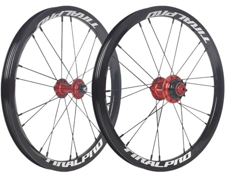 LSRRYD 412 305 Fahrrad Laufradsatz V Bremse 14 16 Zoll Vorne Hinten Räder BMX Faltrad 9T Ritzel Single Speed Lagernaben (Color : Black-Red, Size : 16inch)