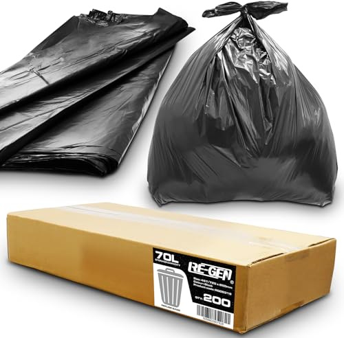 200 Flat Packed | RE-GEN Black 70 Litre 5kg Weight Capacity Bin Liner Bag General Waste Refuse Sacks Bags - Made from 100% Recycled Polythene