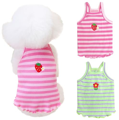 Yaopelky 2 piezas de ropa de verano para perros pequeños y medianos, camisa a rayas para perro, chaleco bordado de fresa, traje para mascotas para chihuahua yorkie Teddy (rosa-verde, S)