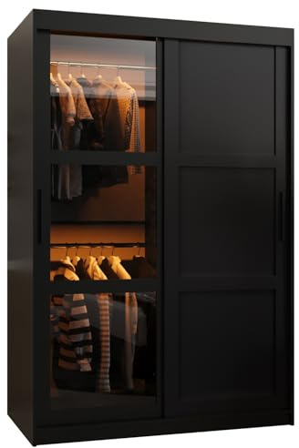 ABIKSMEBLE Dome 3 Armoire à Deux Portes Coulissantes, Barres et Étagères - Armoire de Rangement avec Verre Fumé pour Chambre, Salon - 200x120x62 cm - Noir, Noir, Noir