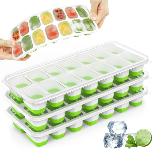 Ice Cube Trays, 4 Pack Durable Stackable Ice Trays for Freezer with Spill-Resistant & Removable Lids, LFGB Certified and BPA Free, Easy-Release 56 pcs Silicone Ice Maker for Cocktail, Coffee, Beer