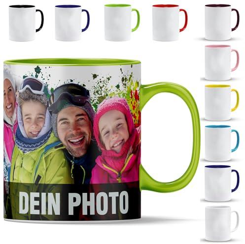 Tasse personalisiert | Personalisierbar mit eigenem Foto Bedrucken | Text und Schrift | Fototasse | Werbetasse | Firmentasse | mit logo (Innen & Henkel Hellgrün)