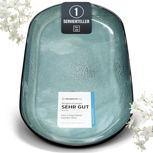 Steingut Servier Teller Groß Ibiza TESTSIEGER, Traumhafte Mediterrane Steingut Servierplatte, Serving Plate Oval, Servierteller Groß - Pure Living in Petrol