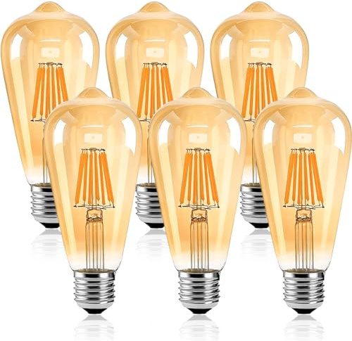 Nottac E27 Edison Screw Bulb, ST64 Vintage Filament Light Bulb, 6W 550LM (Equivalent to 60W), 2200K Warm White, Retro Amber Glass, Non-dimmable, Pack of 6
