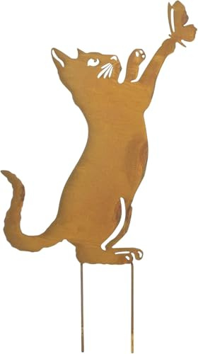 FRANK FLECHTWAREN Gartenstecker Katze mit Schmetterling, 48 cm | Metall, Rostfinish