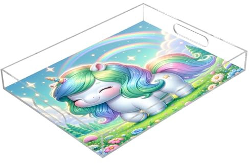 A Cute Chubby Unicorn Standing in A Lush Green Meadow Acrylic Serving Trays, Clear Rectangular Tray with Handles Serving Platter for Coffee Table Kitchen Bathroom