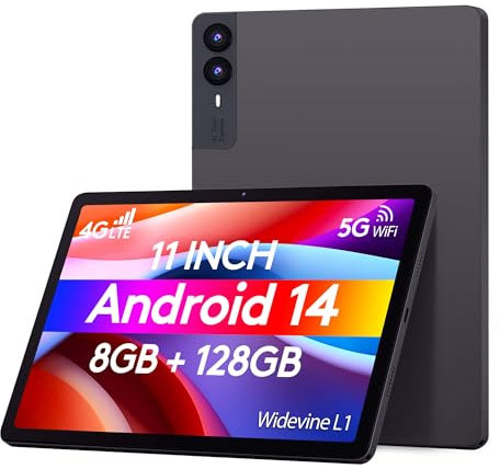 Wainyok 11 Inch Android 14 Tablet: K8 4G LTE 5G WIFI Tableta | 8GB RAM + 128GB ROM (1TB TF) | Octa-Core | Widevine L1, FHD Display, 13MP+8MP. 7000mAh, GPS (Gray)