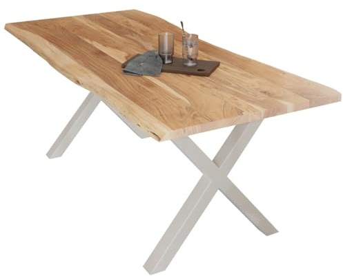 Liadomo Esstisch 200x100 Diala Natur, X-Gestell weiß | Baumkante, Akazie Massivholz Tisch, 35 mm Tischplatte lackiert, Metallgestell, Robust & Pflegeleicht, bis zu 8 Personen