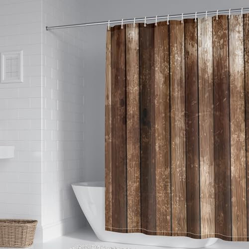 AMDXD Duschvorhang Eckdusche 165x200cm, Polyester Badewannenvorhang Holzbrett, Dusch Vorhang mit Duschvorhangringen, Braun