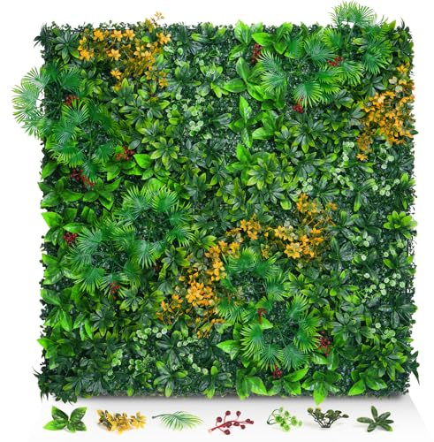 Grass Wall Panels, 20x20 16pcs Artificial Grass Backdrop Wall with Tropical Leaves, UV-Anti Faux Greenery Plant Boxwood Panels for Privacy Fence Screen, Green Wall Decor for Outdoor Indoor