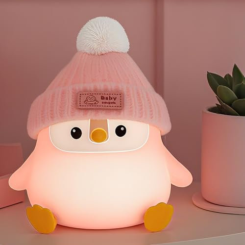 FAMIDUO Luz Nocturna Infantil Pingüino, Luz Bebe Nocturna de Silicona con Control Táctil, Lampara Quitamiedos Infantil 2 Modos de Atenuación con Recargable por USB C, Regalo para Niños y Niñas