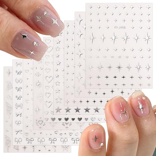 JMEOWIO 9 Sheets Silver Moon Star Butterfly Nail Art Stickers Decals Self-Adhesive Nail Supplies Design Decoration Accessories
