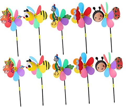ibasenice Moulin à Vent De Jardin Décoratif 3D Animaux en Plastique Coloré pour Extérieur Et Cour, Lot de 10 Pièces Abeille, Fée, Scarabée, Poisson Et Paon, Jouet Amusant Et Ornement Vibrant