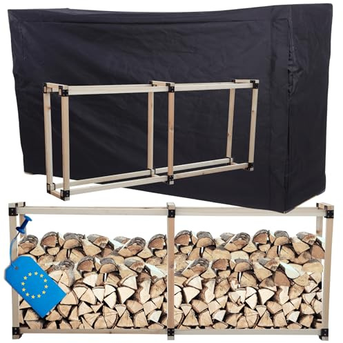 MODO24 Kaminholzregal, Holzunterstand mit Abdeckung, stabiler Brennholzständer aus massivem Holz, Brennholzregal & Holzlager für Garten, Terrasse & Außenbereich, wetterfeste Schutzplane, 124x232x40 cm